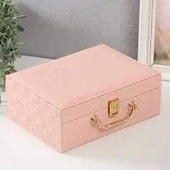 Шкатулка кожзам д/украшений Кейс Шахматка розовая 17,5х24х9 см, фото №1