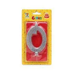 Свеча для торта Серебряный глиттер (малая) Цифра 0, фото №1