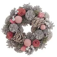 Изделие декоративное "Венок" H25 см шишки, розов, фото №1